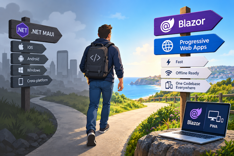 ai generated image showing a fork in the road signposts to the left and right. the one to the left says .net maui, ios and android and points to what looks like a dark and forboding place while the one on the right says blazor and progressive web applications with the destination looking a much nicer place to be