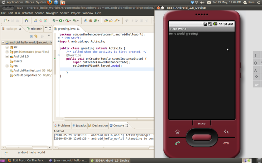hello world in android emulator