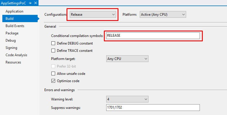 settings conditional compilation symbols