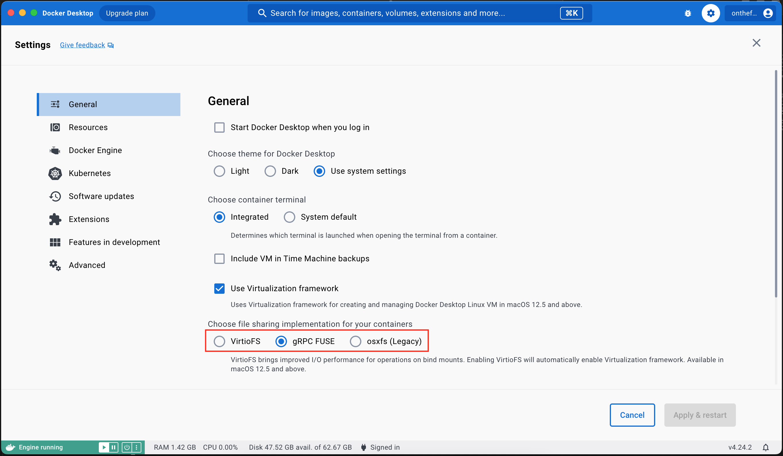 docker desktop settings page with file sharing implementation options highlighted