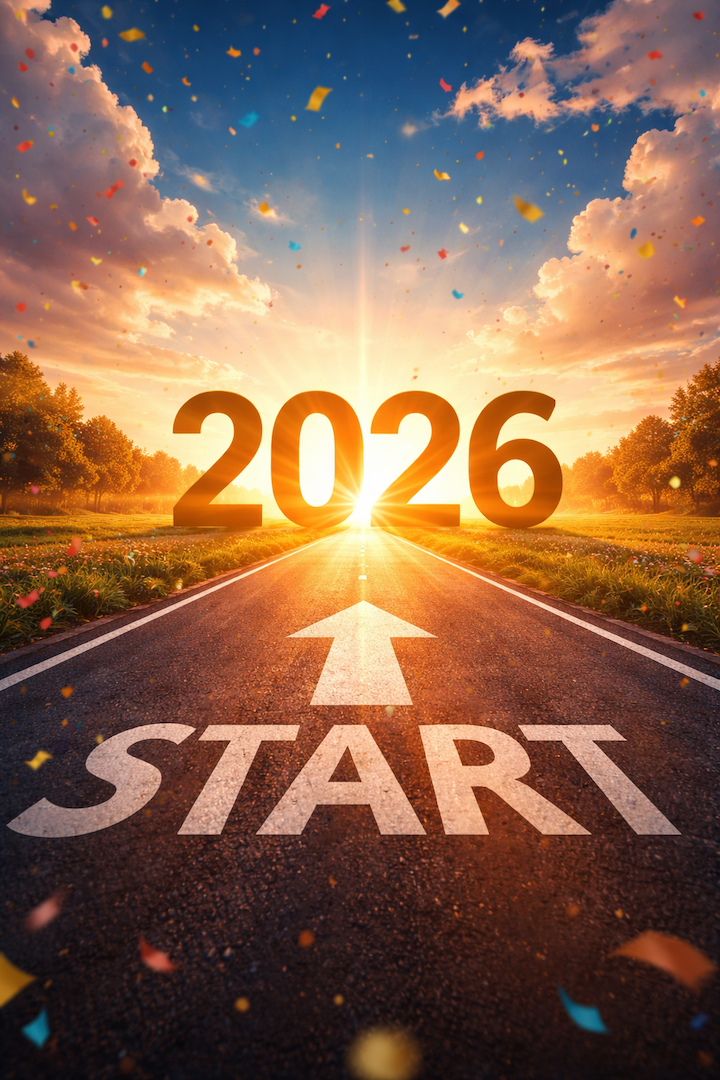 ai generated image showing a road heading off into the distance towards 2026 which has a light shining through it. on the road there is a text marking saying start with an arrow pointing to the horizon. the sky is blue with clouds separating and confetti falling.