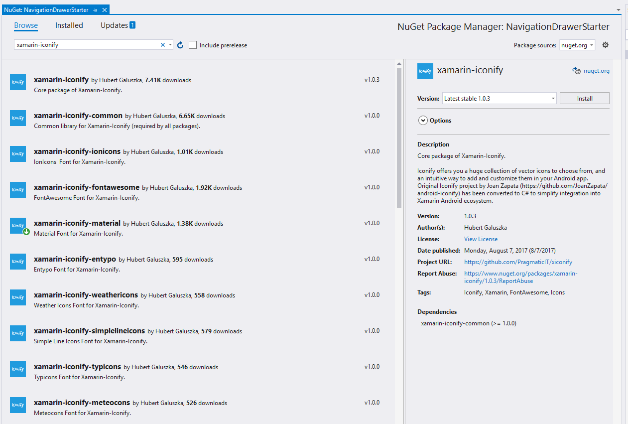 adding the iconify nuget package