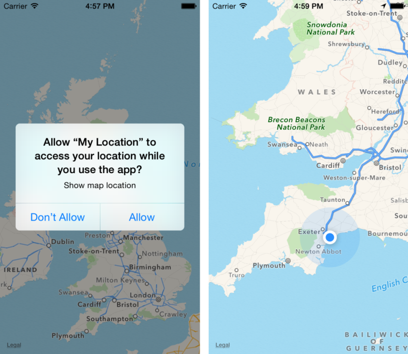 ios location permission request and map showing location