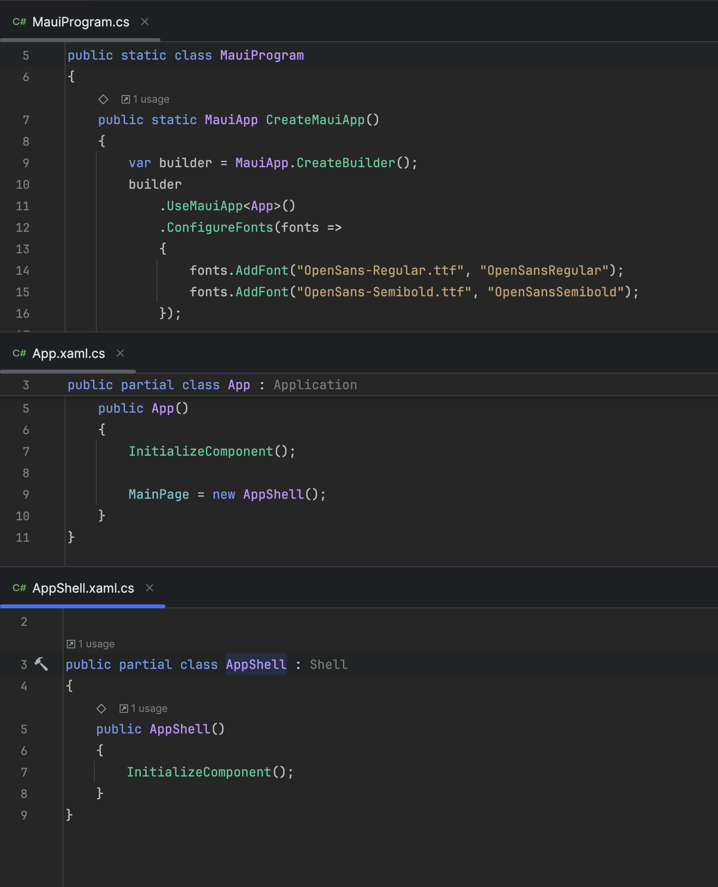 screenshot from the rider IDE showing the first three classes invoked during startup with MauiProgram.cs at the top, App.xaml.cs in the middle and AppShell.xaml.cs at the bottom