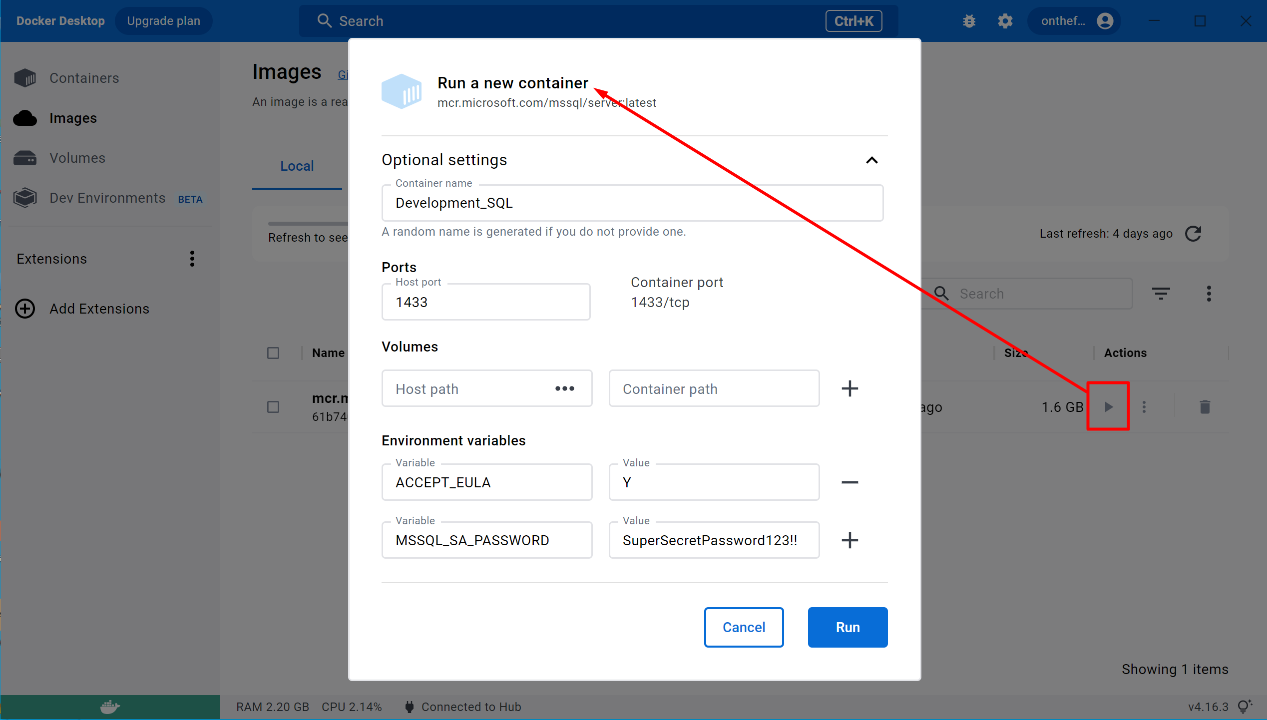 Docker Desktop - Run Container Dialog