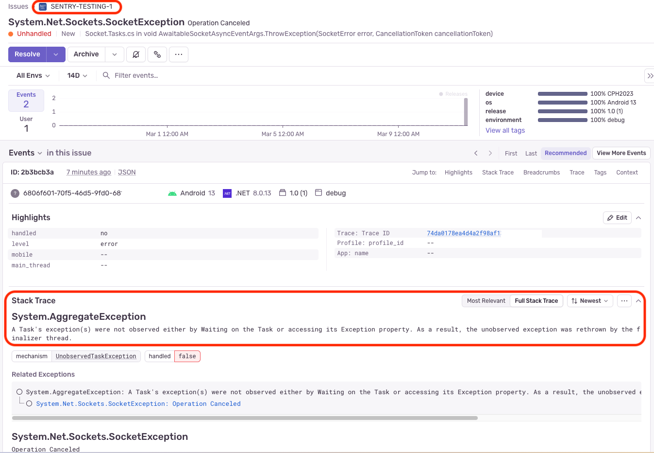 Sentry Issue Report from new Project for System.Net.Sockets.SocketException