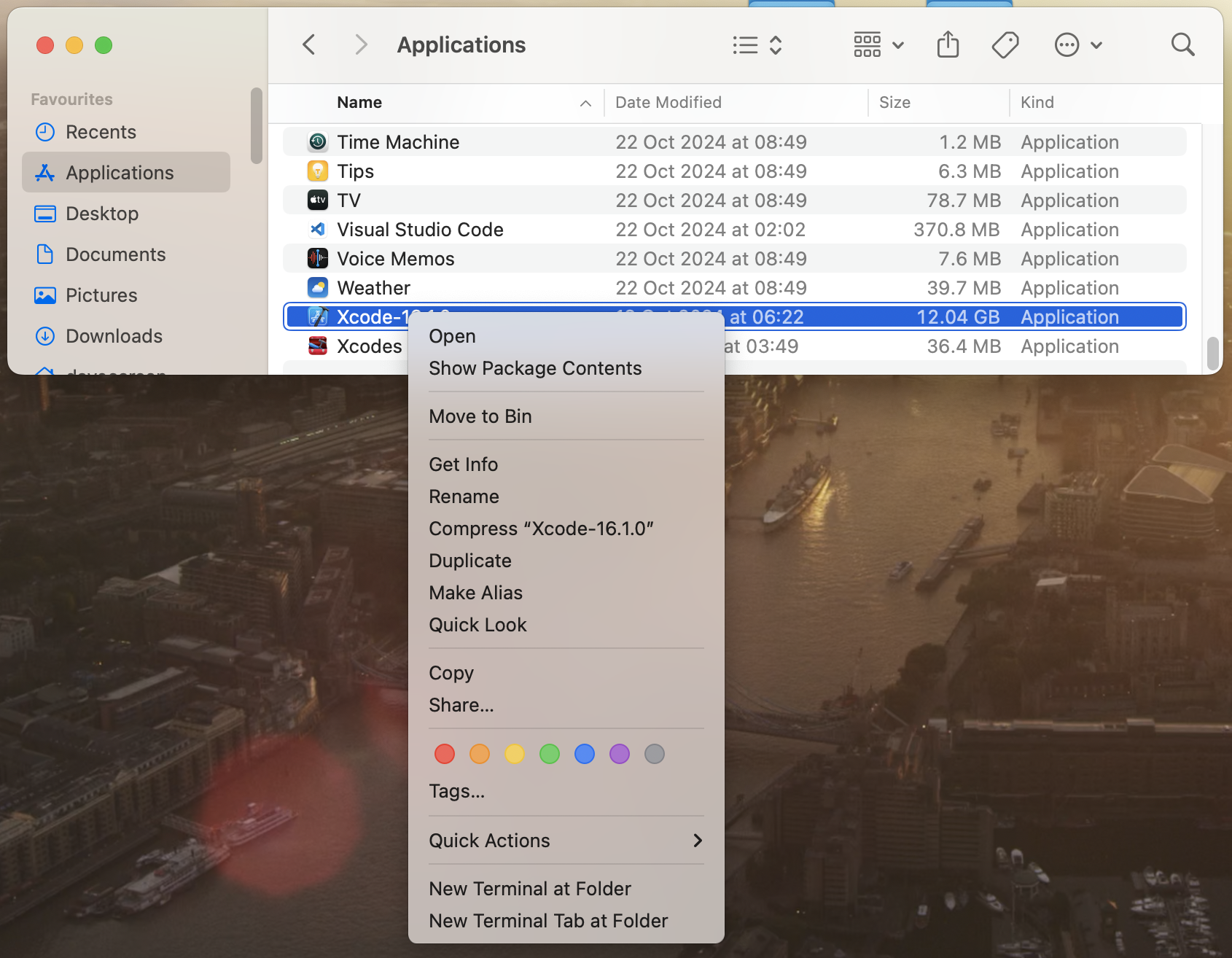 Finder showing Xcode Application Context Menu 