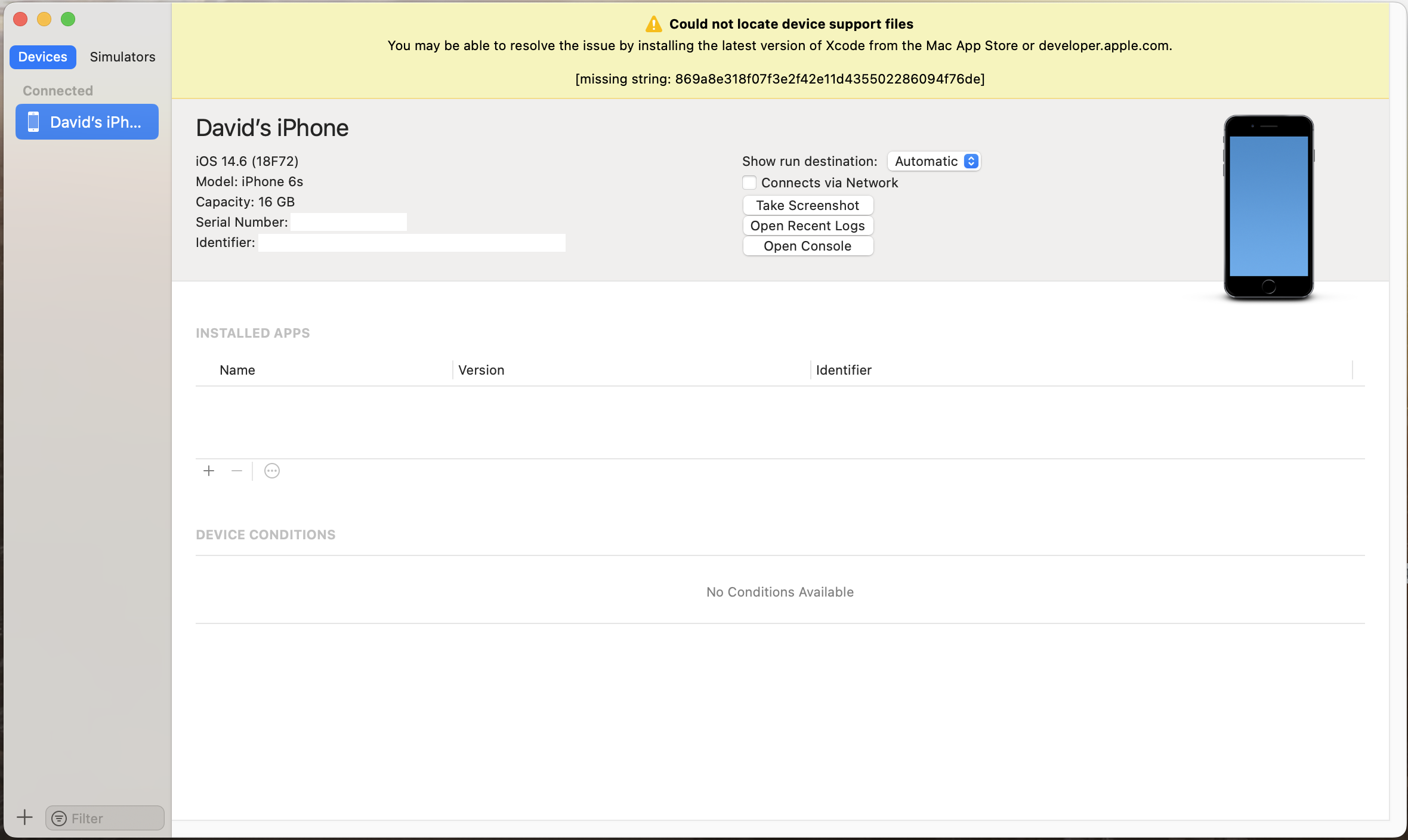 Xcode Devices and Simulator Page displaying a DeviceSupport Error