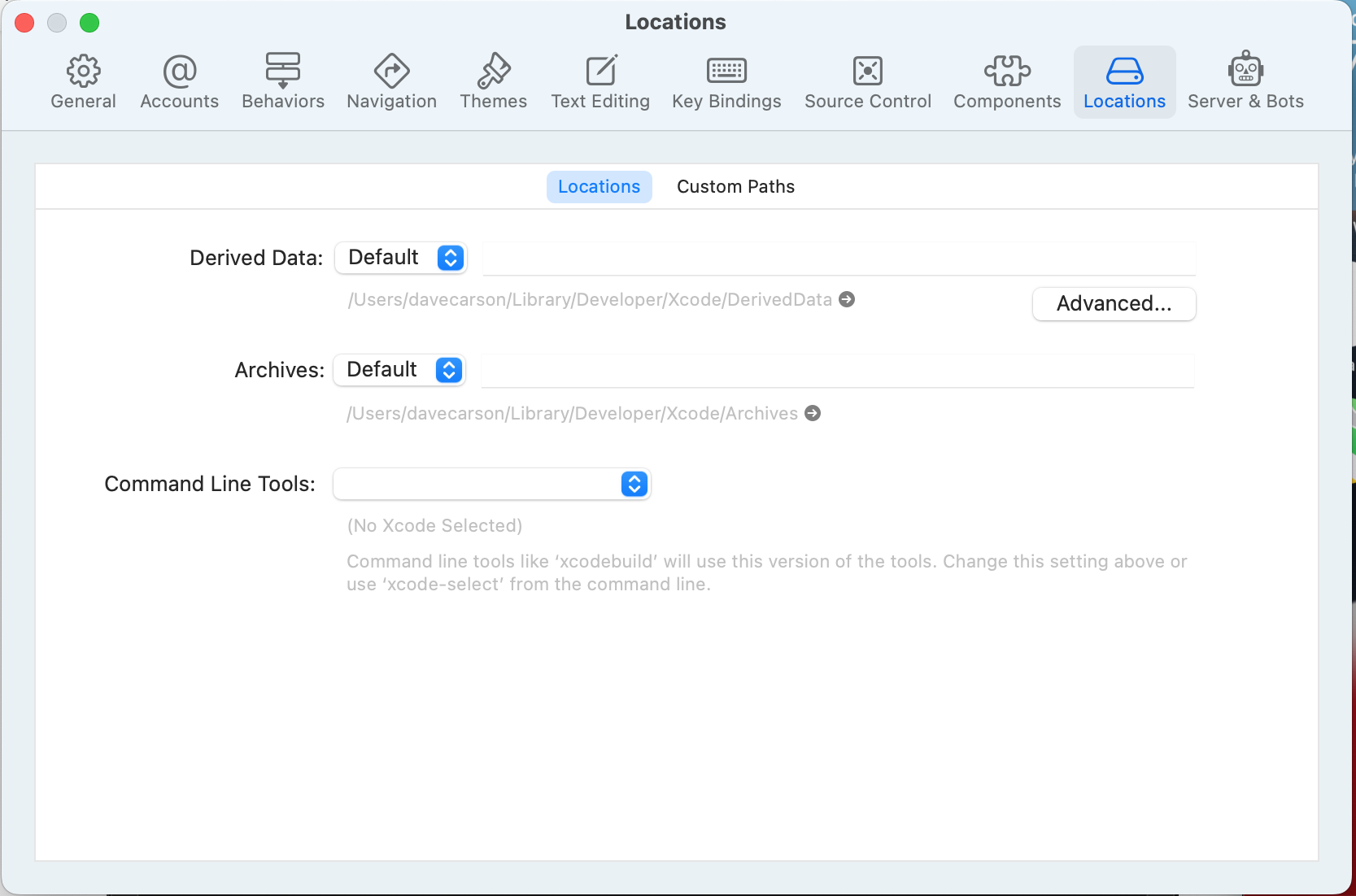 locations tab within Xcode preferences